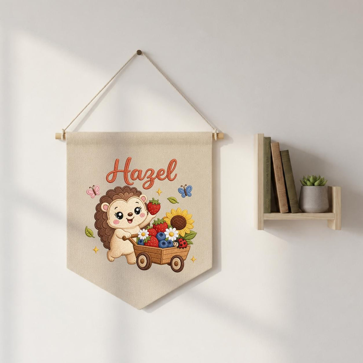 Personalized Hedgehog Berry Wagon Banner, Embroidered Woodland Nursery Decor, Hazel Name Wall Hanging