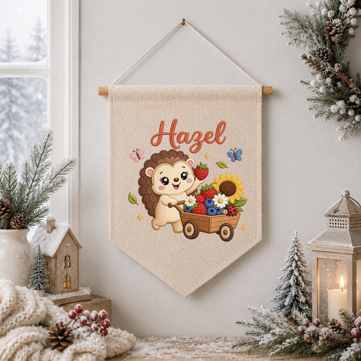 Personalized Hedgehog Berry Wagon Banner, Embroidered Woodland Nursery Decor, Hazel Name Wall Hanging