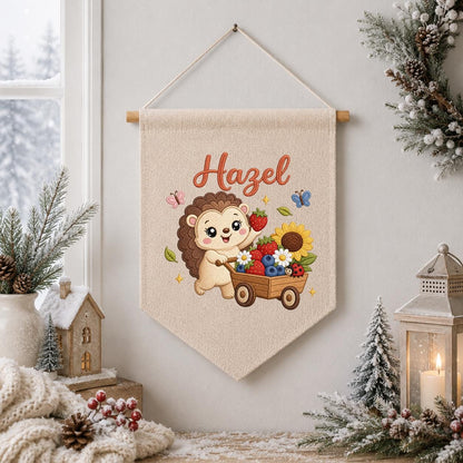 Personalized Hedgehog Berry Wagon Banner, Embroidered Woodland Nursery Decor, Hazel Name Wall Hanging