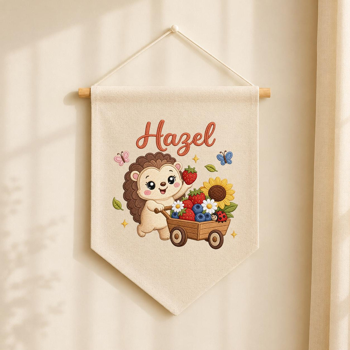 Personalized Hedgehog Berry Wagon Banner, Embroidered Woodland Nursery Decor, Hazel Name Wall Hanging
