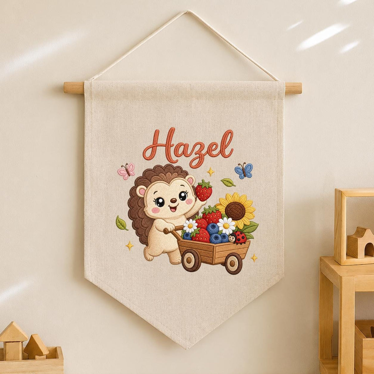 Personalized Hedgehog Berry Wagon Banner, Embroidered Woodland Nursery Decor, Hazel Name Wall Hanging