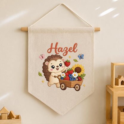 Personalized Hedgehog Berry Wagon Banner, Embroidered Woodland Nursery Decor, Hazel Name Wall Hanging