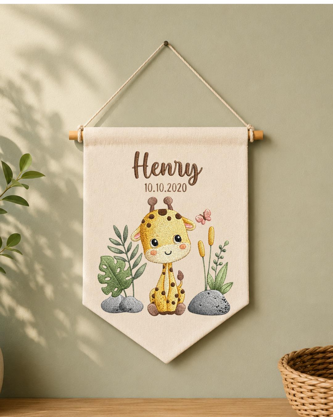 Personalized Giraffe Nursery Wall Hanging, Custom Name and Date Embroidered Banner, Safari Baby Room Decor, Jungle Baby Shower Gift