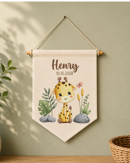Personalized Giraffe Nursery Wall Hanging, Custom Name and Date Embroidered Banner, Safari Baby Room Decor, Jungle Baby Shower Gift