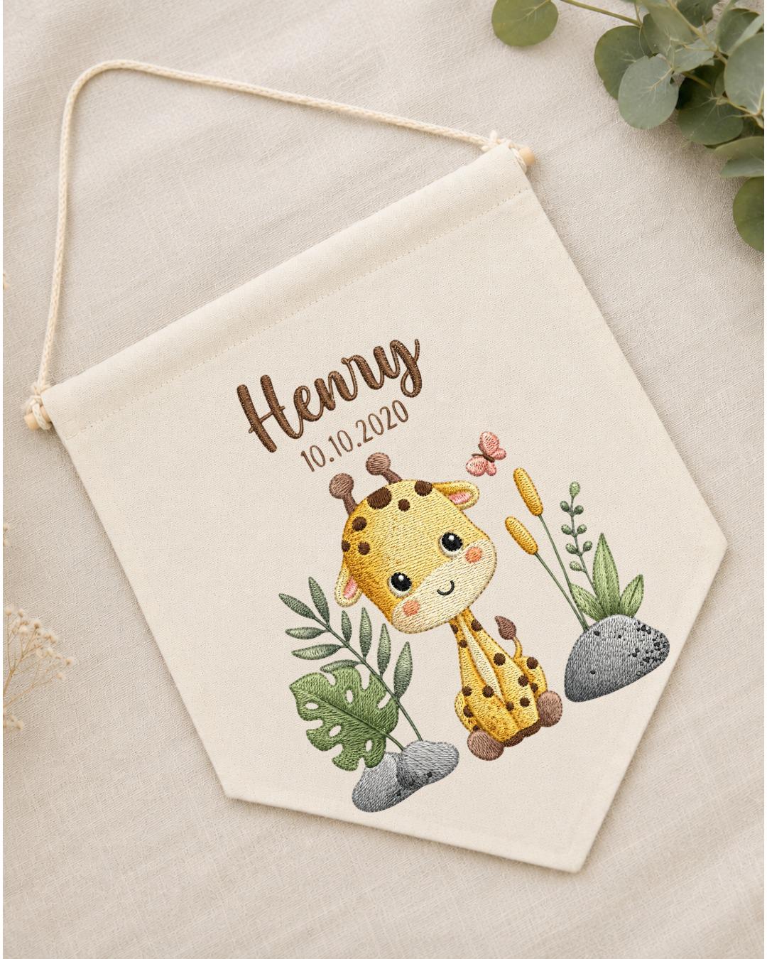 Personalized Giraffe Nursery Wall Hanging, Custom Name and Date Embroidered Banner, Safari Baby Room Decor, Jungle Baby Shower Gift