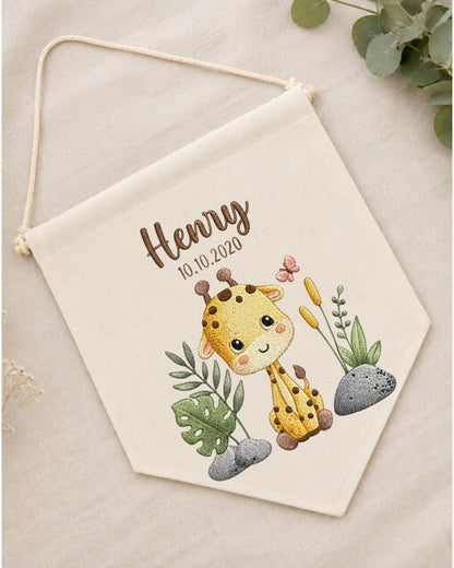 Personalized Giraffe Nursery Wall Hanging, Custom Name and Date Embroidered Banner, Safari Baby Room Decor, Jungle Baby Shower Gift