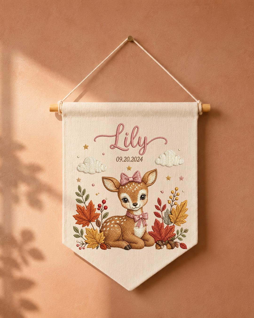 Personalized Deer Nursery Wall Hanging, Custom Name and Birth Date Embroidered Banner, Fall Baby Girl Room Decor, Woodland Newborn Gift