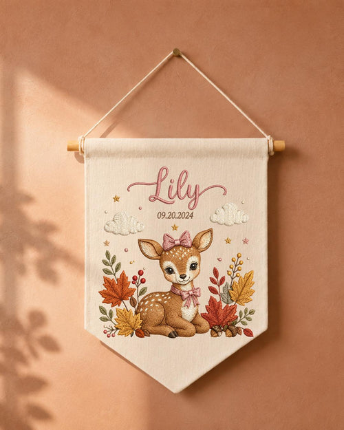 Personalized Deer Nursery Wall Hanging, Custom Name and Birth Date Embroidered Banner, Fall Baby Girl Room Decor, Woodland Newborn Gift