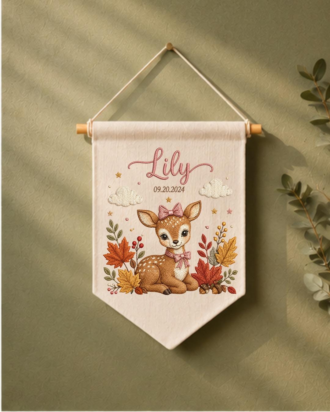 Personalized Deer Nursery Wall Hanging, Custom Name and Birth Date Embroidered Banner, Fall Baby Girl Room Decor, Woodland Newborn Gift