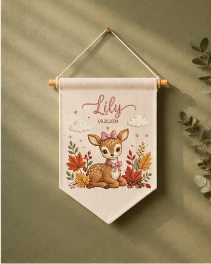 Personalized Deer Nursery Wall Hanging, Custom Name and Birth Date Embroidered Banner, Fall Baby Girl Room Decor, Woodland Newborn Gift