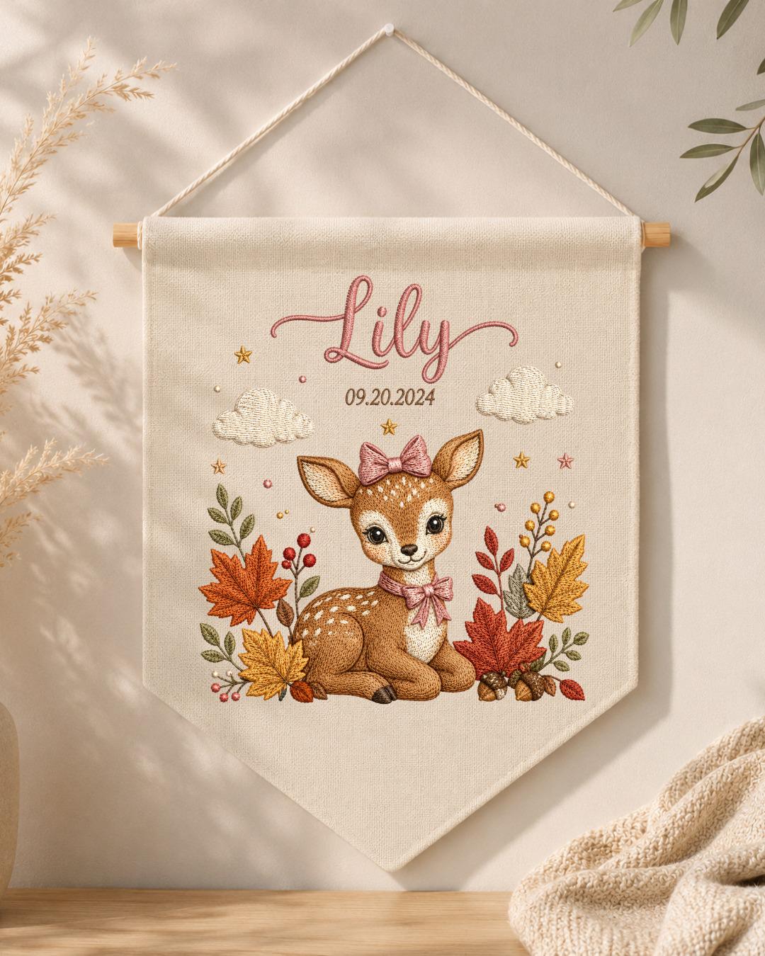 Personalized Deer Nursery Wall Hanging, Custom Name and Birth Date Embroidered Banner, Fall Baby Girl Room Decor, Woodland Newborn Gift