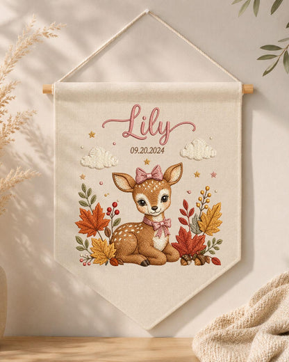 Personalized Deer Nursery Wall Hanging, Custom Name and Birth Date Embroidered Banner, Fall Baby Girl Room Decor, Woodland Newborn Gift