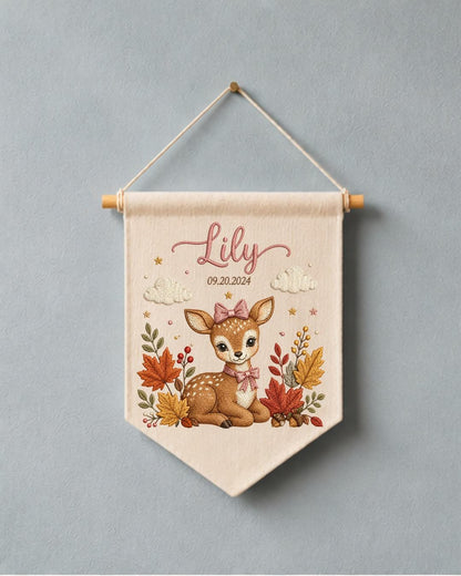 Personalized Deer Nursery Wall Hanging, Custom Name and Birth Date Embroidered Banner, Fall Baby Girl Room Decor, Woodland Newborn Gift