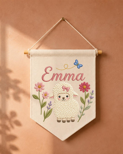 Personalized Lamb Nursery Wall Hanging, Custom Name Embroidered Banner, Floral Baby Girl Room Decor, Sheep Nursery Art, Baby Shower Gift