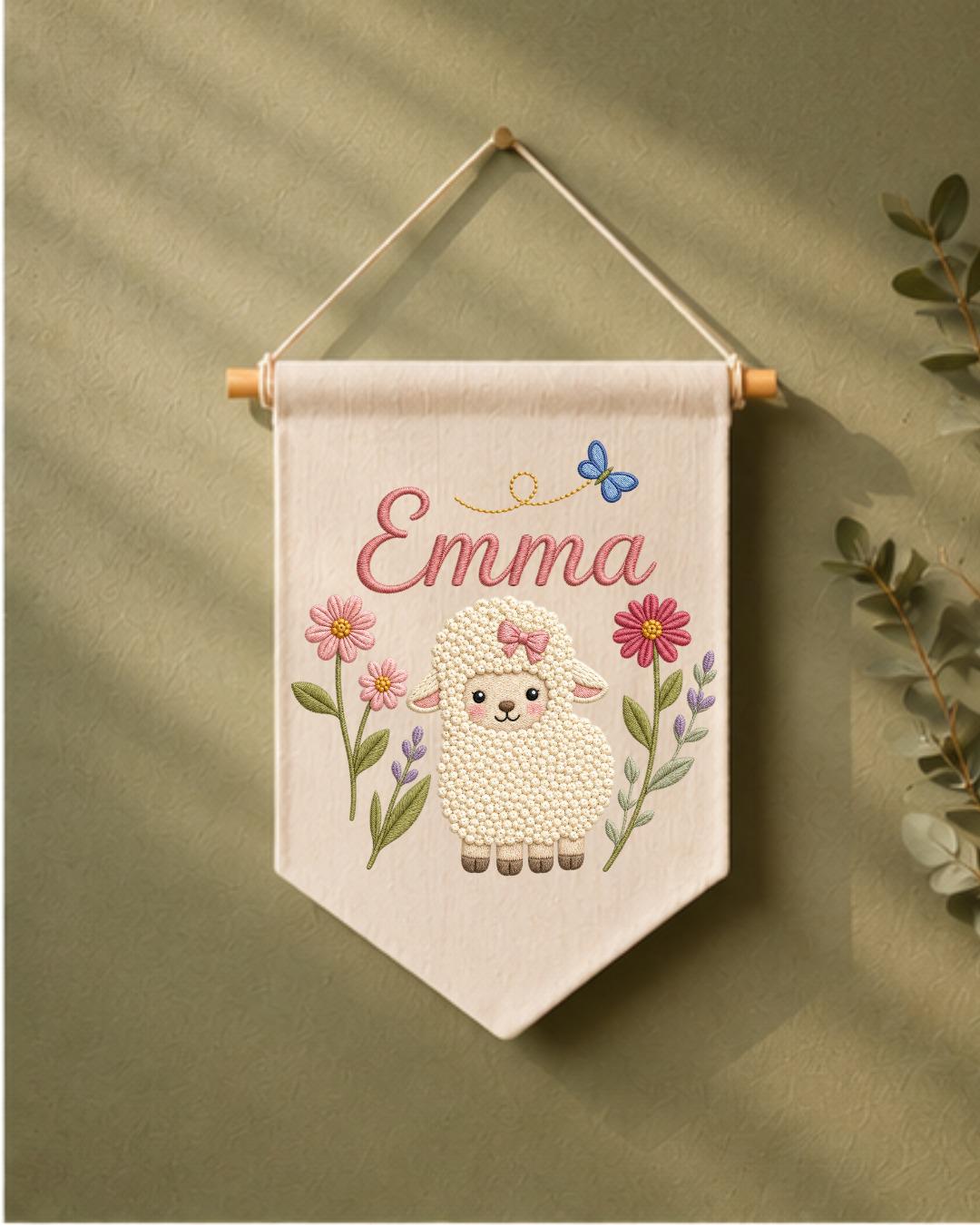 Personalized Lamb Nursery Wall Hanging, Custom Name Embroidered Banner, Floral Baby Girl Room Decor, Sheep Nursery Art, Baby Shower Gift