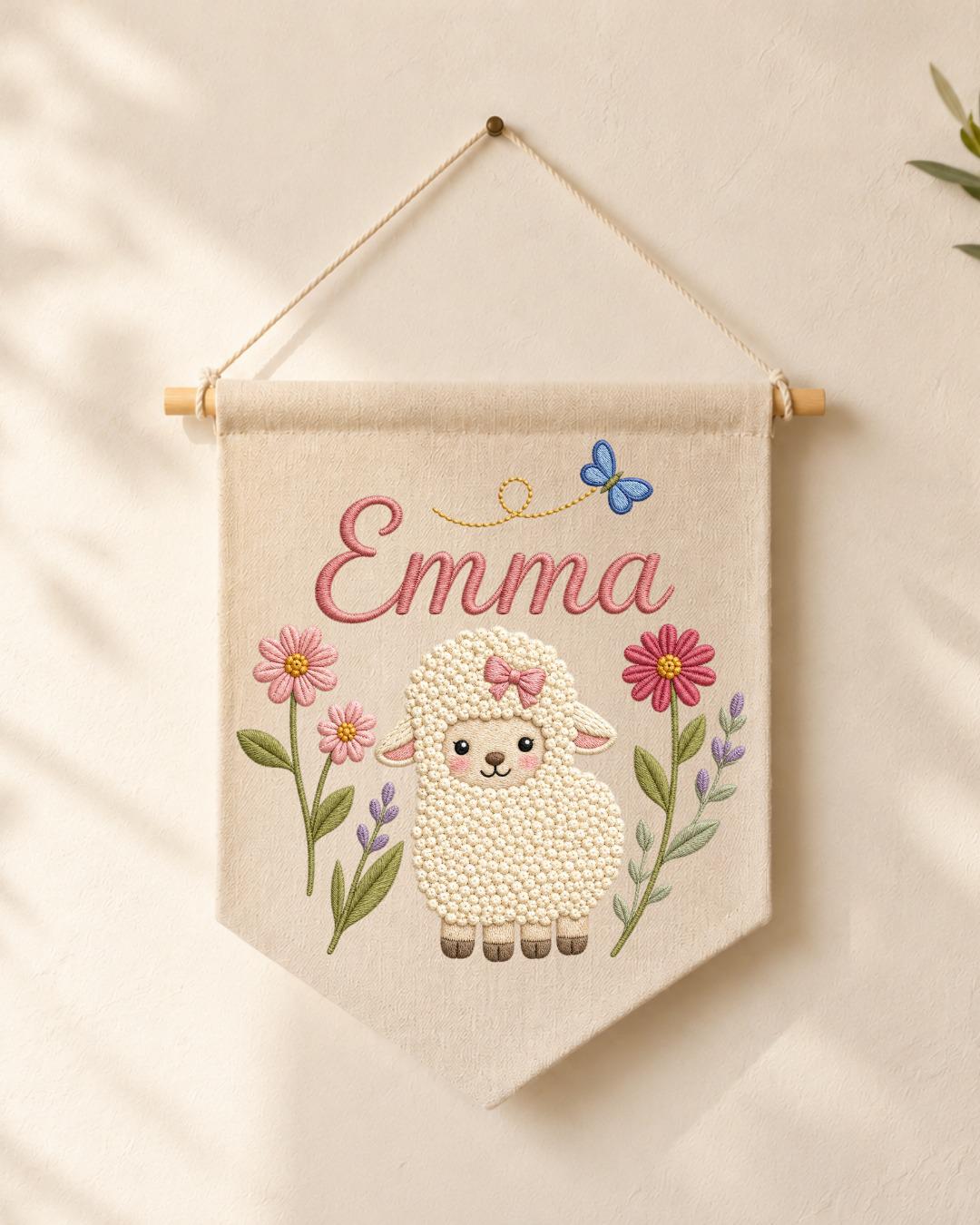 Personalized Lamb Nursery Wall Hanging, Custom Name Embroidered Banner, Floral Baby Girl Room Decor, Sheep Nursery Art, Baby Shower Gift