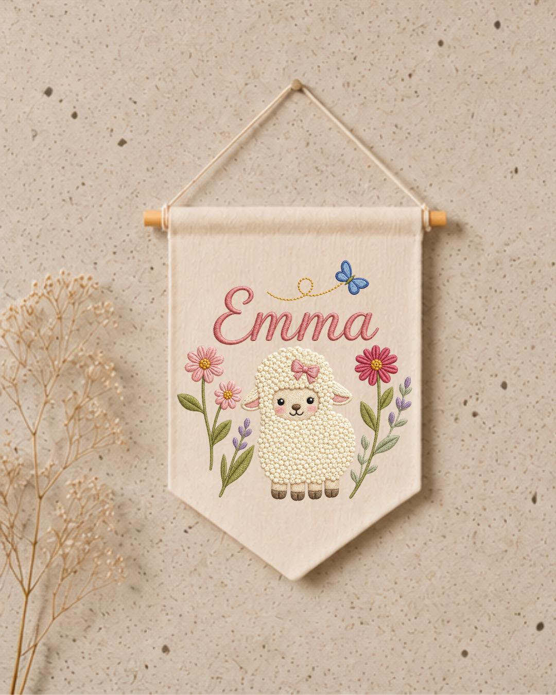 Personalized Lamb Nursery Wall Hanging, Custom Name Embroidered Banner, Floral Baby Girl Room Decor, Sheep Nursery Art, Baby Shower Gift