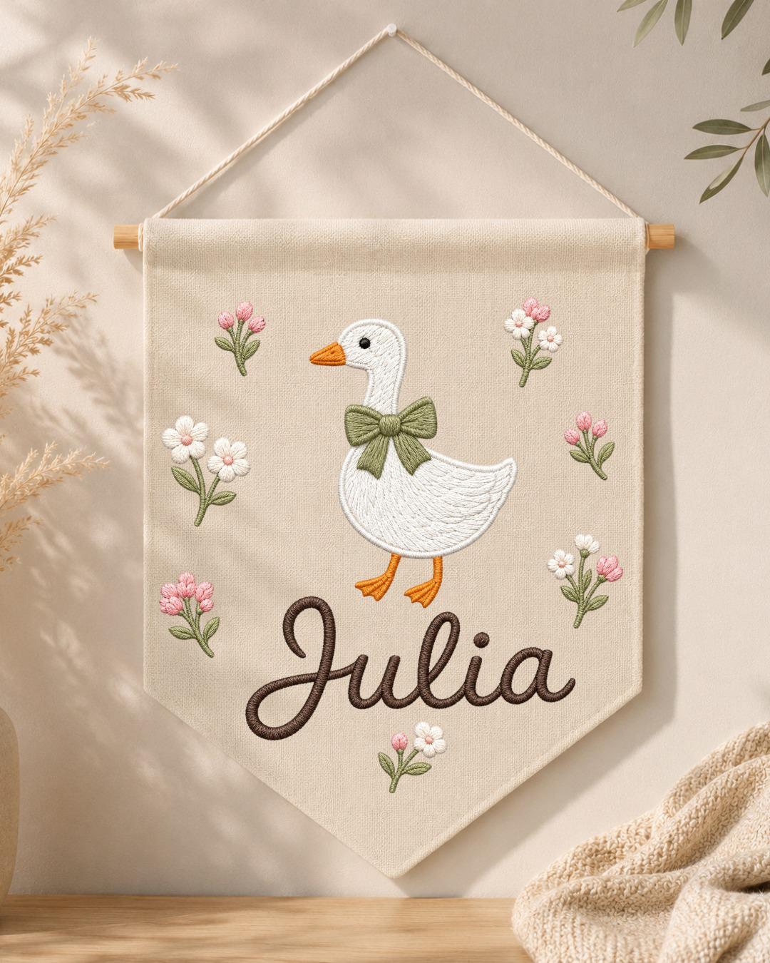 Personalized Goose Nursery Wall Hanging, Custom Name Embroidered Banner, Floral Baby Girl Room Decor, Farmhouse Nursery Gift