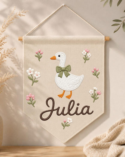 Personalized Goose Nursery Wall Hanging, Custom Name Embroidered Banner, Floral Baby Girl Room Decor, Farmhouse Nursery Gift