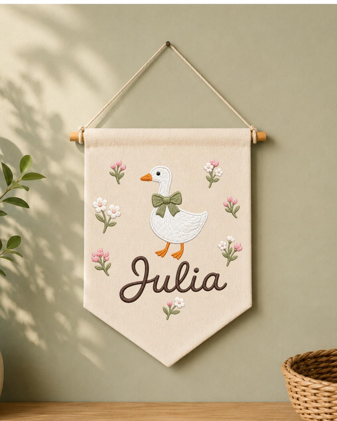 Personalized Goose Nursery Wall Hanging, Custom Name Embroidered Banner, Floral Baby Girl Room Decor, Farmhouse Nursery Gift
