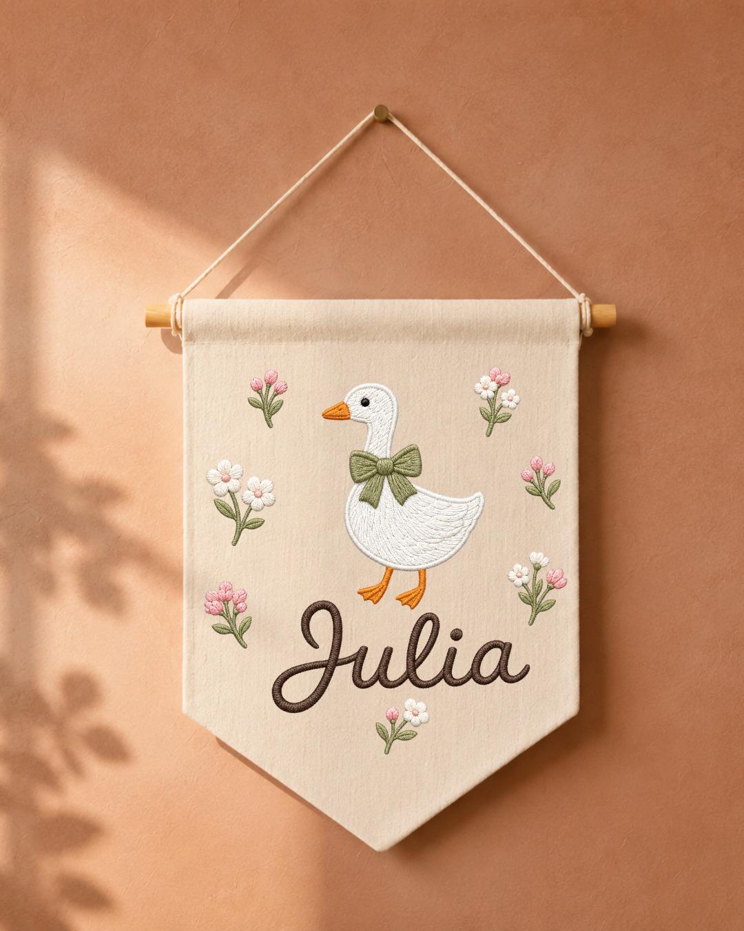 Personalized Goose Nursery Wall Hanging, Custom Name Embroidered Banner, Floral Baby Girl Room Decor, Farmhouse Nursery Gift