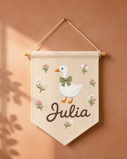 Personalized Goose Nursery Wall Hanging, Custom Name Embroidered Banner, Floral Baby Girl Room Decor, Farmhouse Nursery Gift