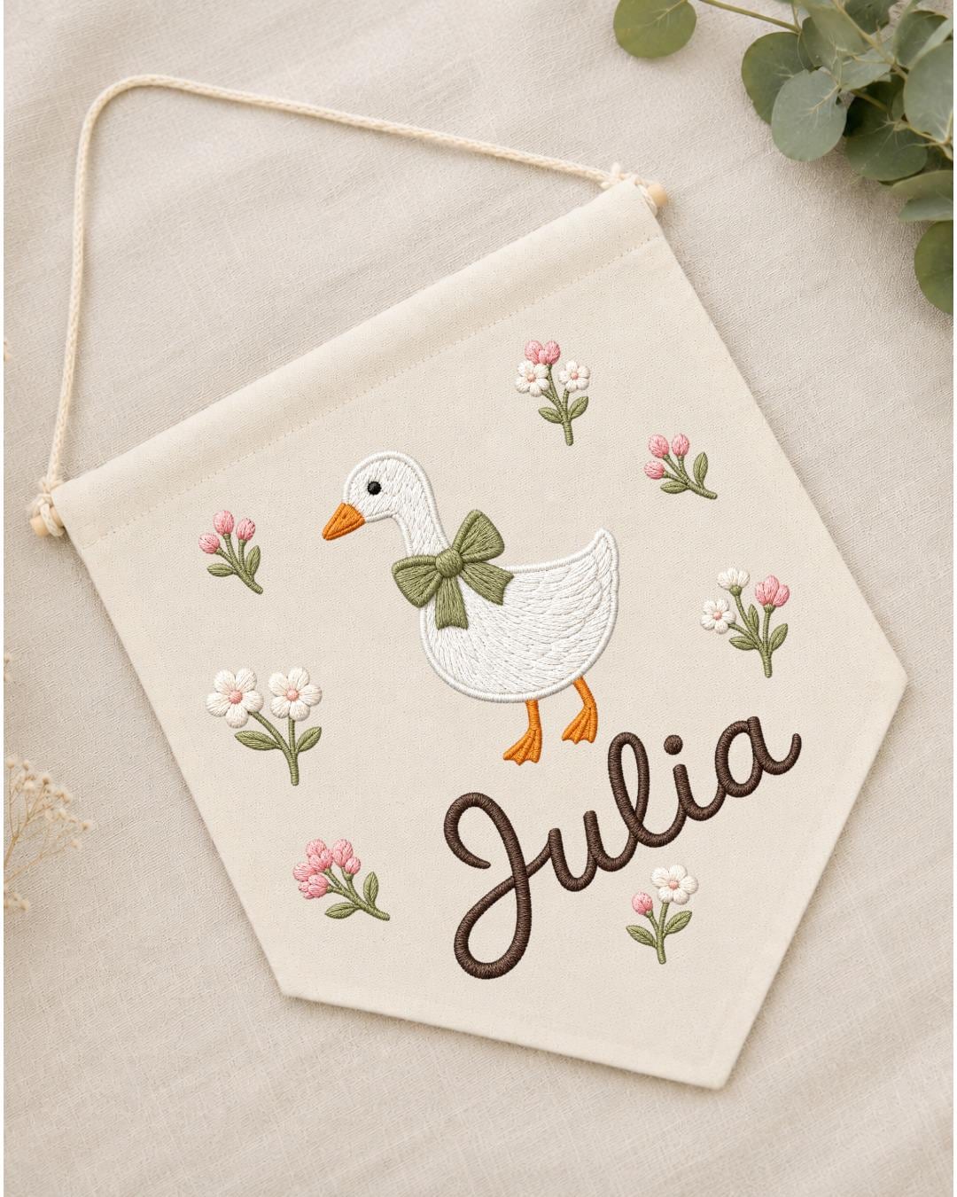 Personalized Goose Nursery Wall Hanging, Custom Name Embroidered Banner, Floral Baby Girl Room Decor, Farmhouse Nursery Gift