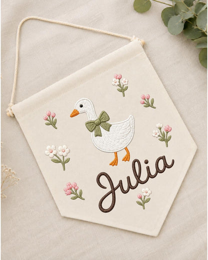 Personalized Goose Nursery Wall Hanging, Custom Name Embroidered Banner, Floral Baby Girl Room Decor, Farmhouse Nursery Gift