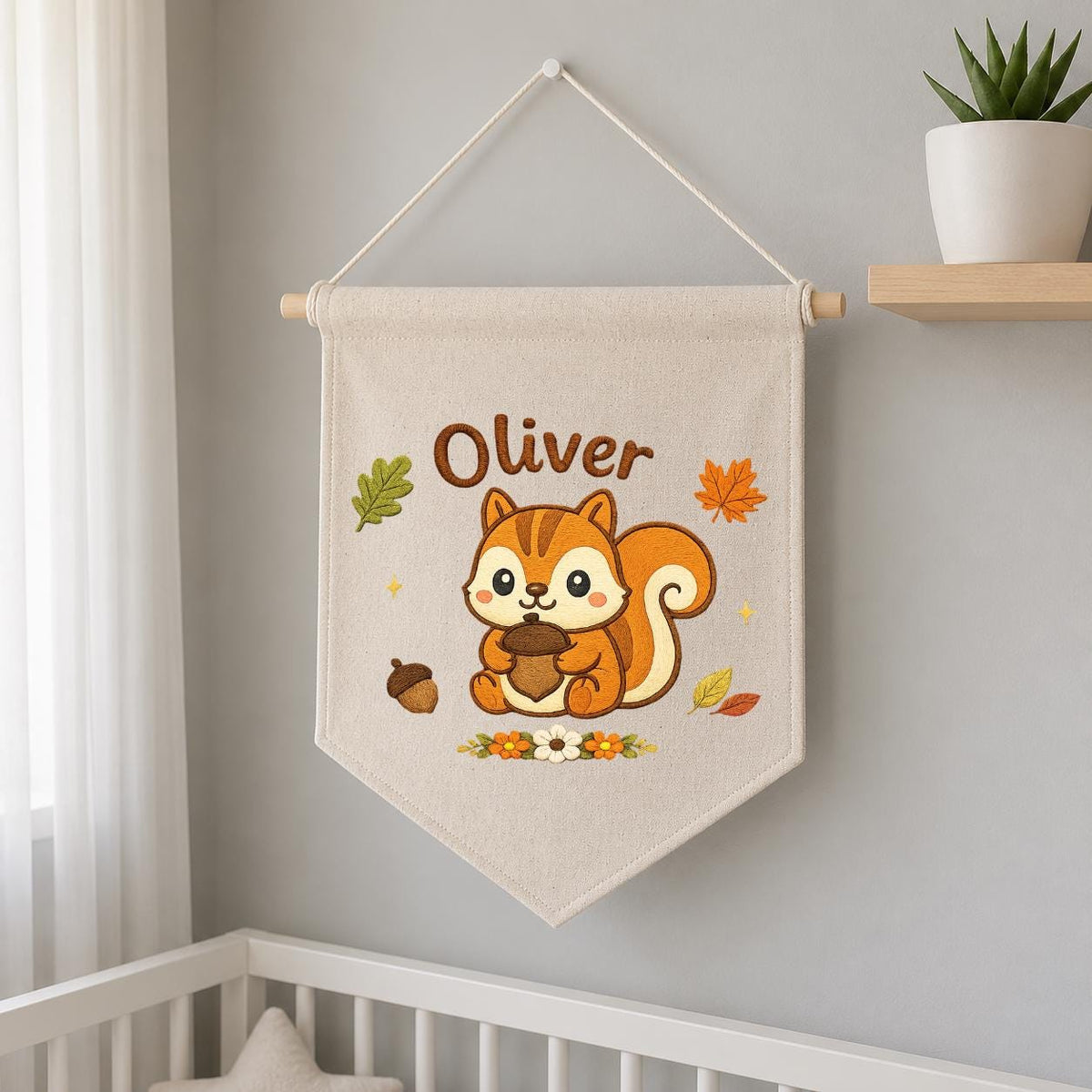 Personalized Embroidered Squirrel Banner, Custom Fall Woodland Nursery Art