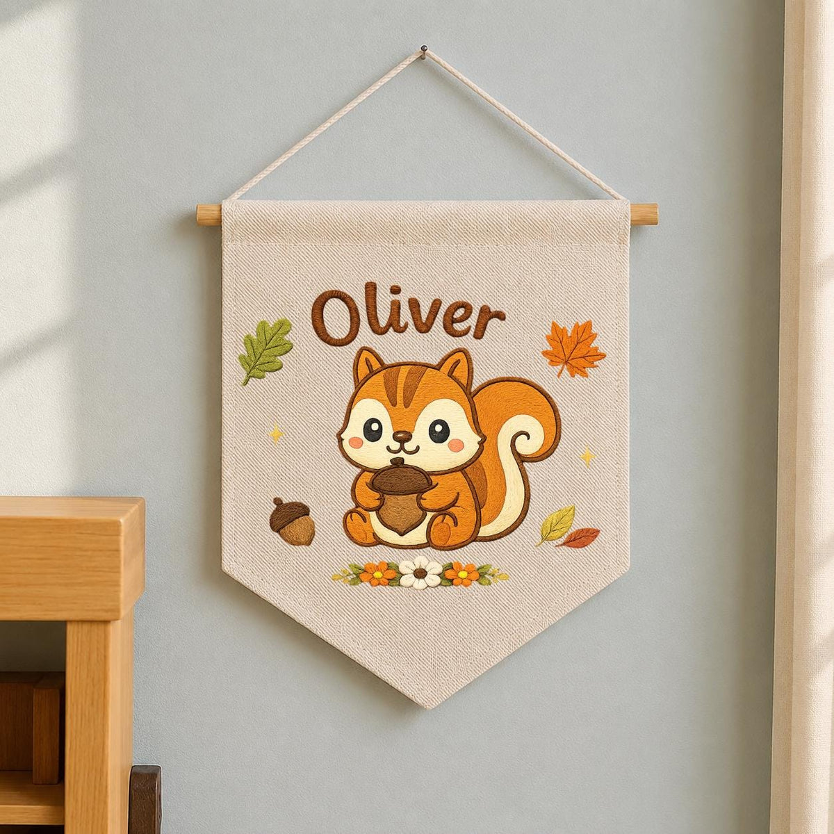 Personalized Embroidered Squirrel Banner, Custom Fall Woodland Nursery Art