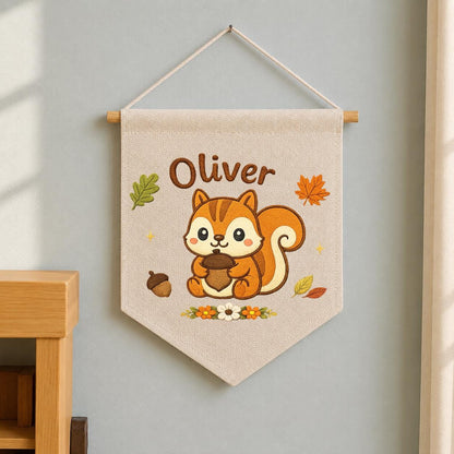 Personalized Embroidered Squirrel Banner, Custom Fall Woodland Nursery Art