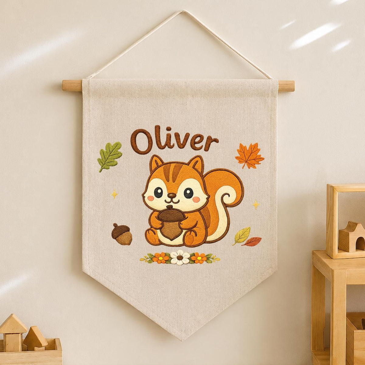 Personalized Embroidered Squirrel Banner, Custom Fall Woodland Nursery Art