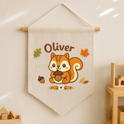 Personalized Embroidered Squirrel Banner, Custom Fall Woodland Nursery Art