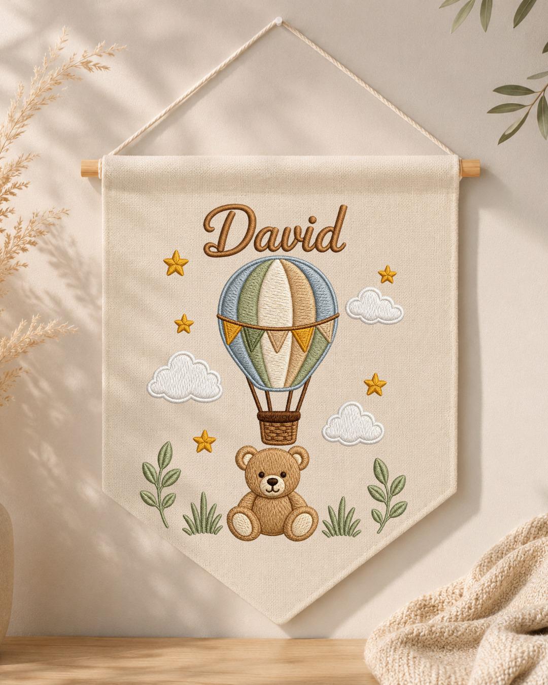 Personalized Hot Air Balloon Nursery Wall Hanging, Custom Name Embroidered Banner, Teddy Bear Baby Boy Room Decor, Baby Shower Gift