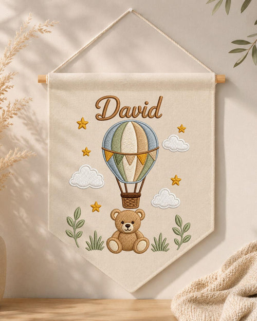 Personalized Hot Air Balloon Nursery Wall Hanging, Custom Name Embroidered Banner, Teddy Bear Baby Boy Room Decor, Baby Shower Gift