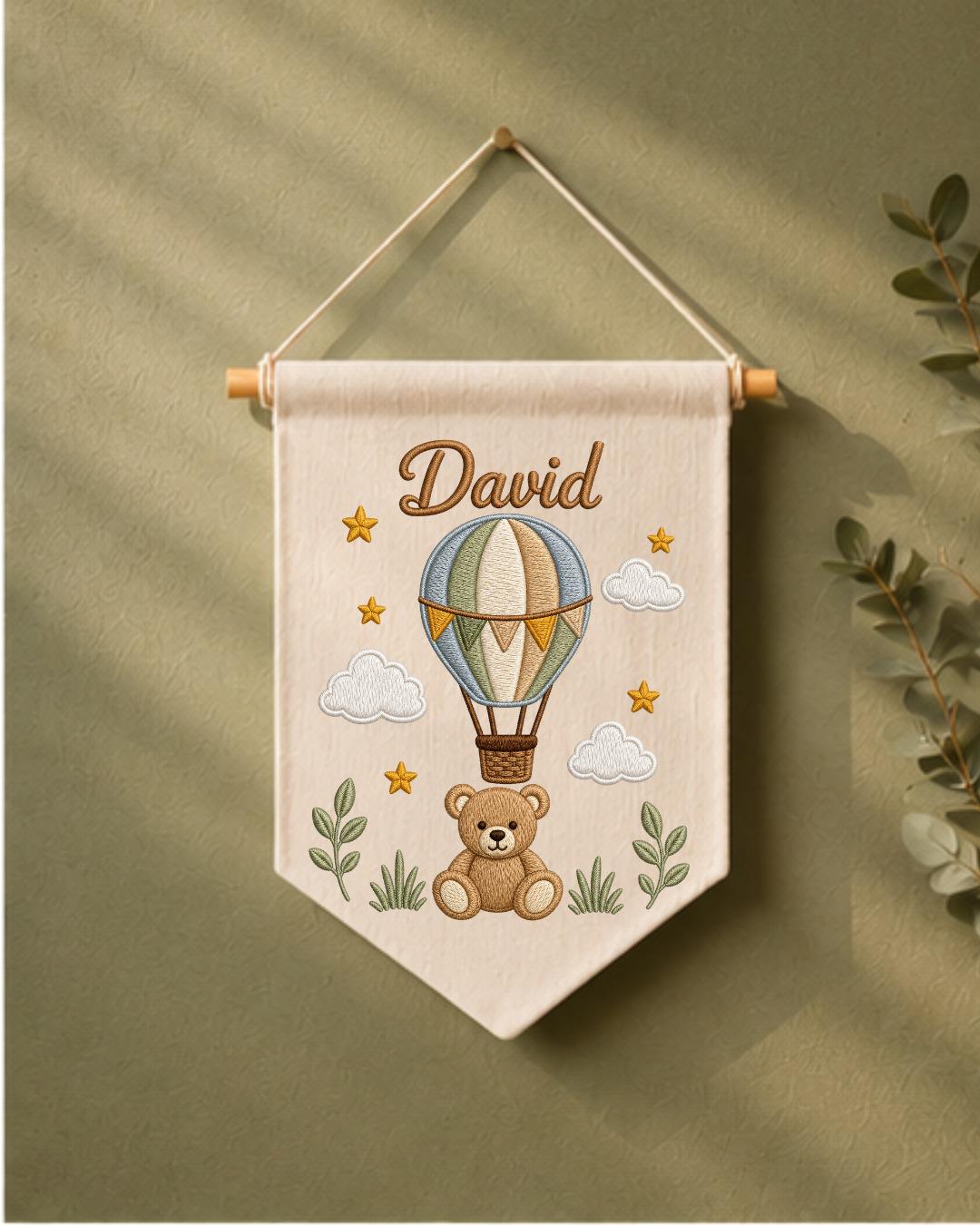 Personalized Hot Air Balloon Nursery Wall Hanging, Custom Name Embroidered Banner, Teddy Bear Baby Boy Room Decor, Baby Shower Gift