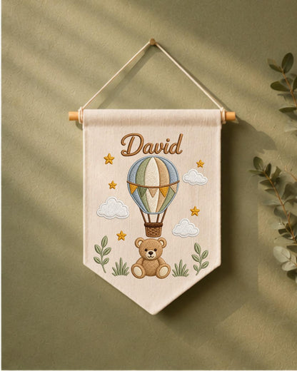Personalized Hot Air Balloon Nursery Wall Hanging, Custom Name Embroidered Banner, Teddy Bear Baby Boy Room Decor, Baby Shower Gift