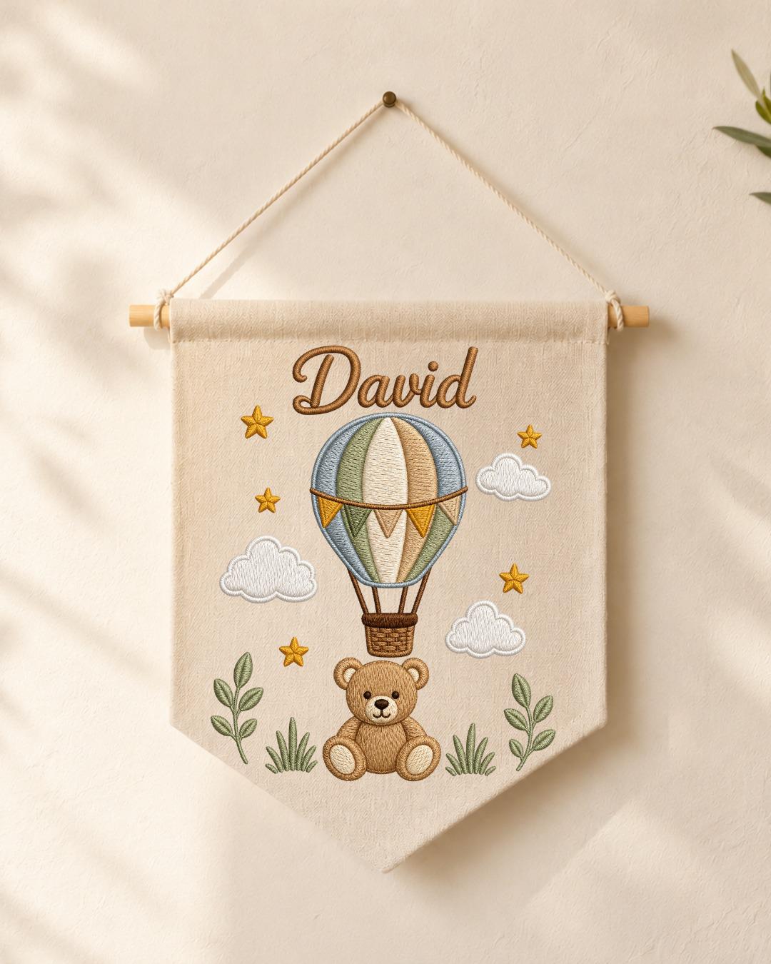 Personalized Hot Air Balloon Nursery Wall Hanging, Custom Name Embroidered Banner, Teddy Bear Baby Boy Room Decor, Baby Shower Gift