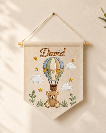 Personalized Hot Air Balloon Nursery Wall Hanging, Custom Name Embroidered Banner, Teddy Bear Baby Boy Room Decor, Baby Shower Gift