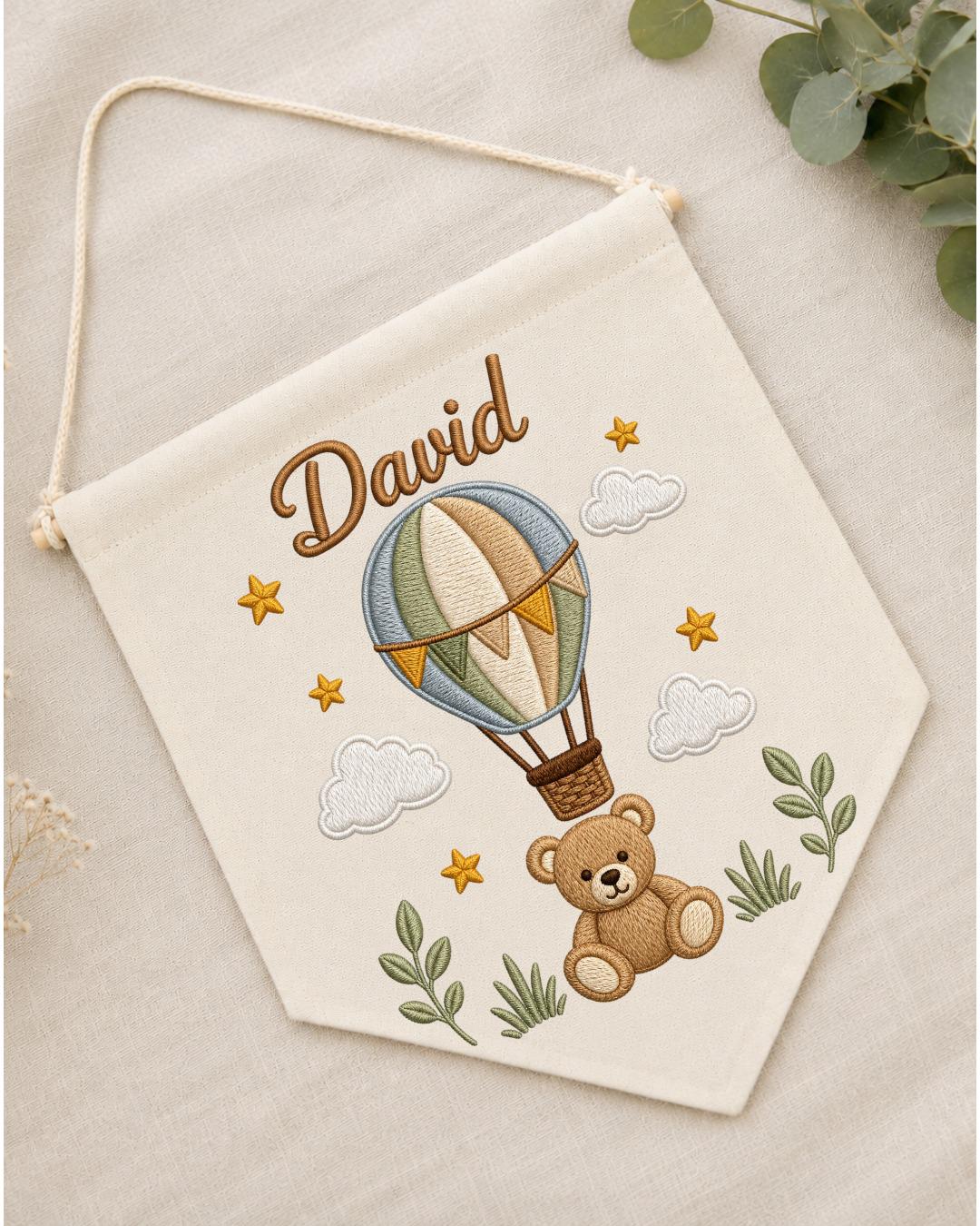 Personalized Hot Air Balloon Nursery Wall Hanging, Custom Name Embroidered Banner, Teddy Bear Baby Boy Room Decor, Baby Shower Gift