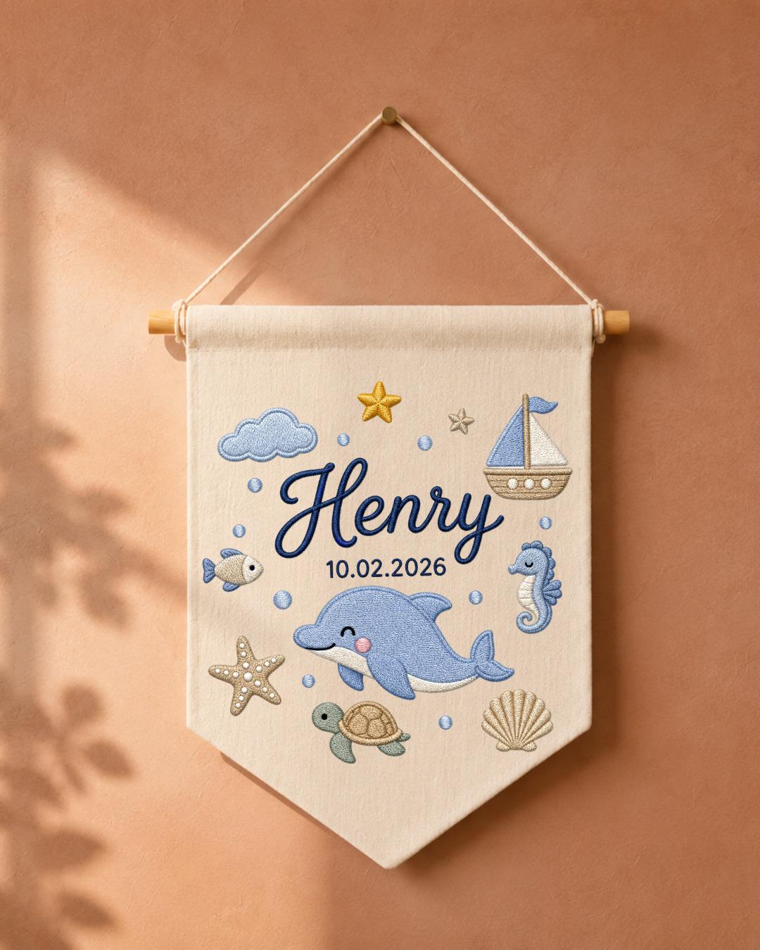Personalized Ocean Nursery Wall Hanging, Custom Name and Birth Date Embroidered Banner, Dolphin Baby Boy Room Decor, Baby Shower Gift