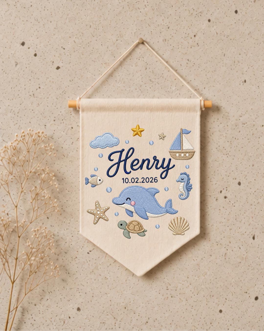 Personalized Ocean Nursery Wall Hanging, Custom Name and Birth Date Embroidered Banner, Dolphin Baby Boy Room Decor, Baby Shower Gift