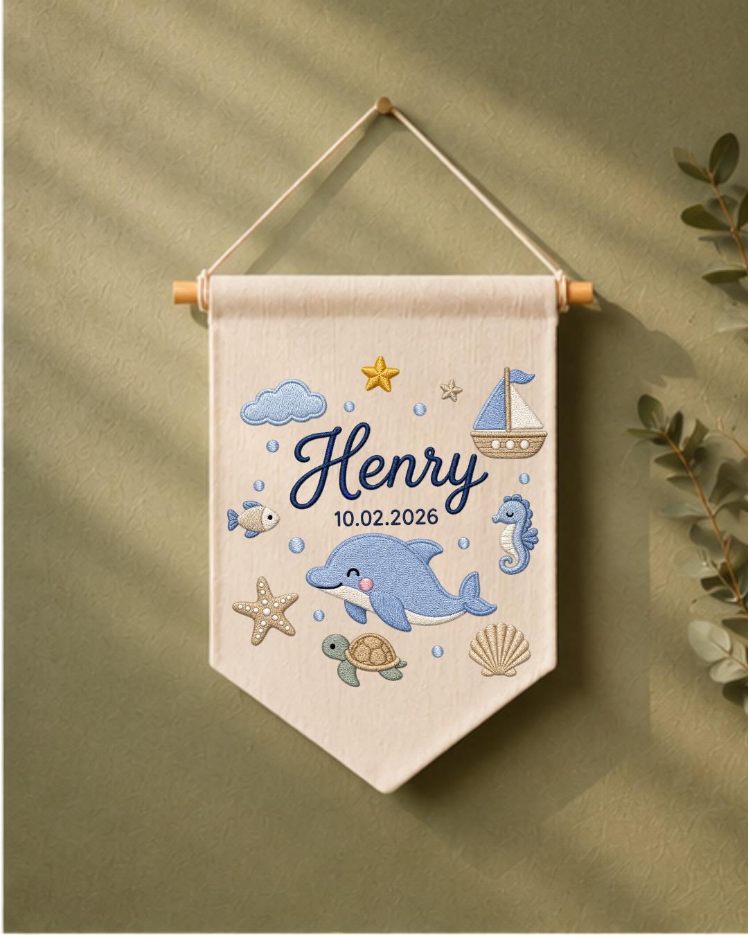 Personalized Ocean Nursery Wall Hanging, Custom Name and Birth Date Embroidered Banner, Dolphin Baby Boy Room Decor, Baby Shower Gift