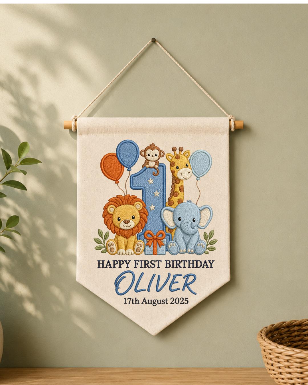 Personalized First Birthday Wall Hanging, Custom Name Embroidered Safari Animal Banner, Wild One Birthday Decor, Jungle Nursery Keepsake