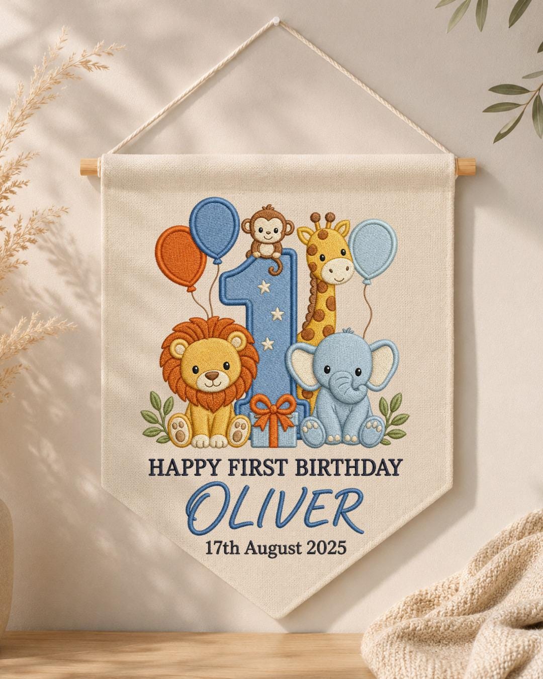 Personalized First Birthday Wall Hanging, Custom Name Embroidered Safari Animal Banner, Wild One Birthday Decor, Jungle Nursery Keepsake