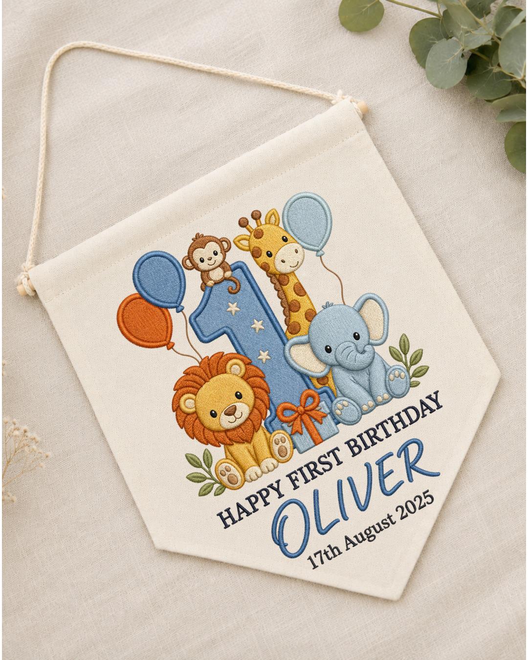 Personalized First Birthday Wall Hanging, Custom Name Embroidered Safari Animal Banner, Wild One Birthday Decor, Jungle Nursery Keepsake