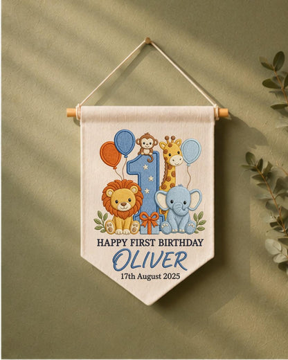 Personalized First Birthday Wall Hanging, Custom Name Embroidered Safari Animal Banner, Wild One Birthday Decor, Jungle Nursery Keepsake