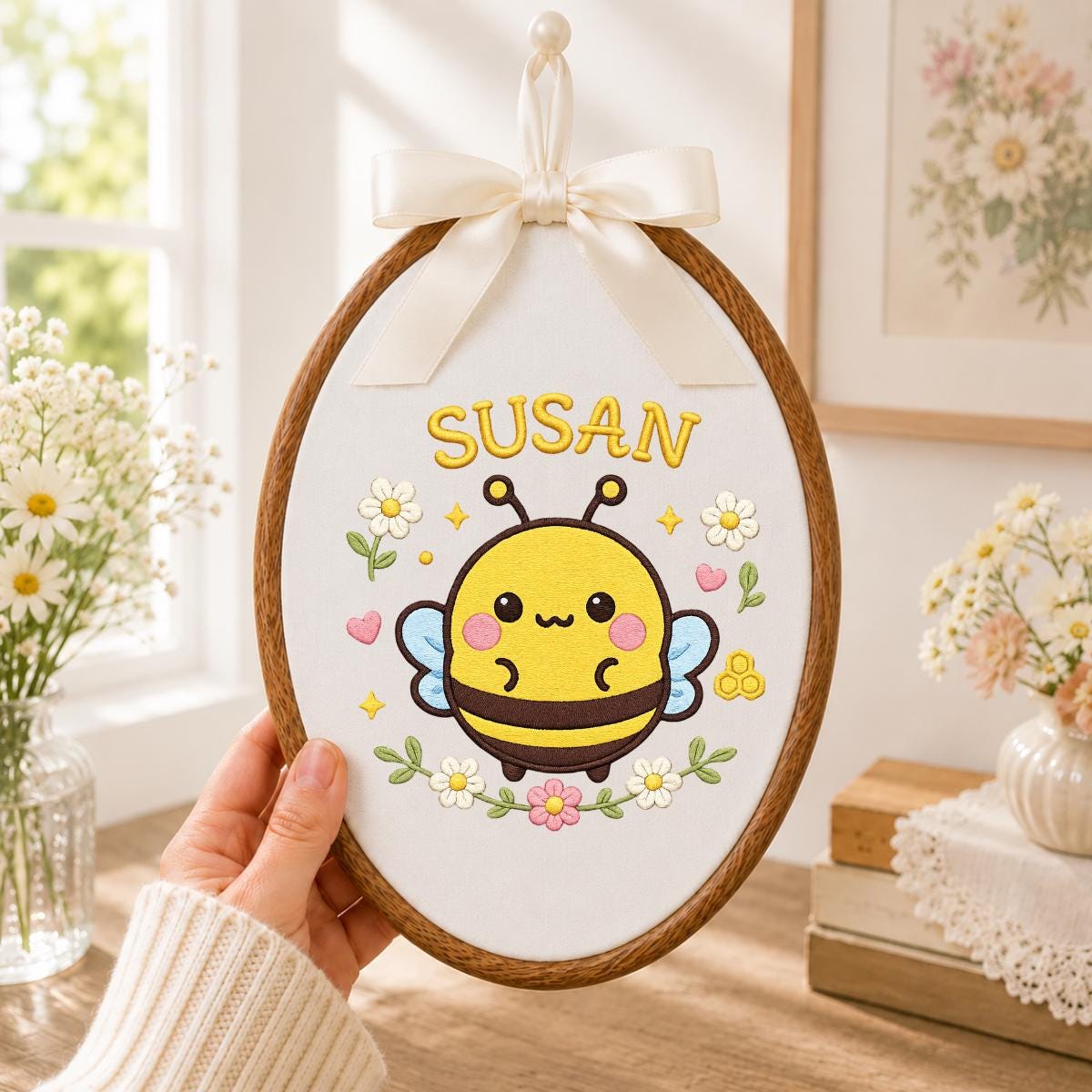 Personalized Embroidered Hoop Art, Bumble Bee Name Decor, Floral Baby Nursery Wall Sign