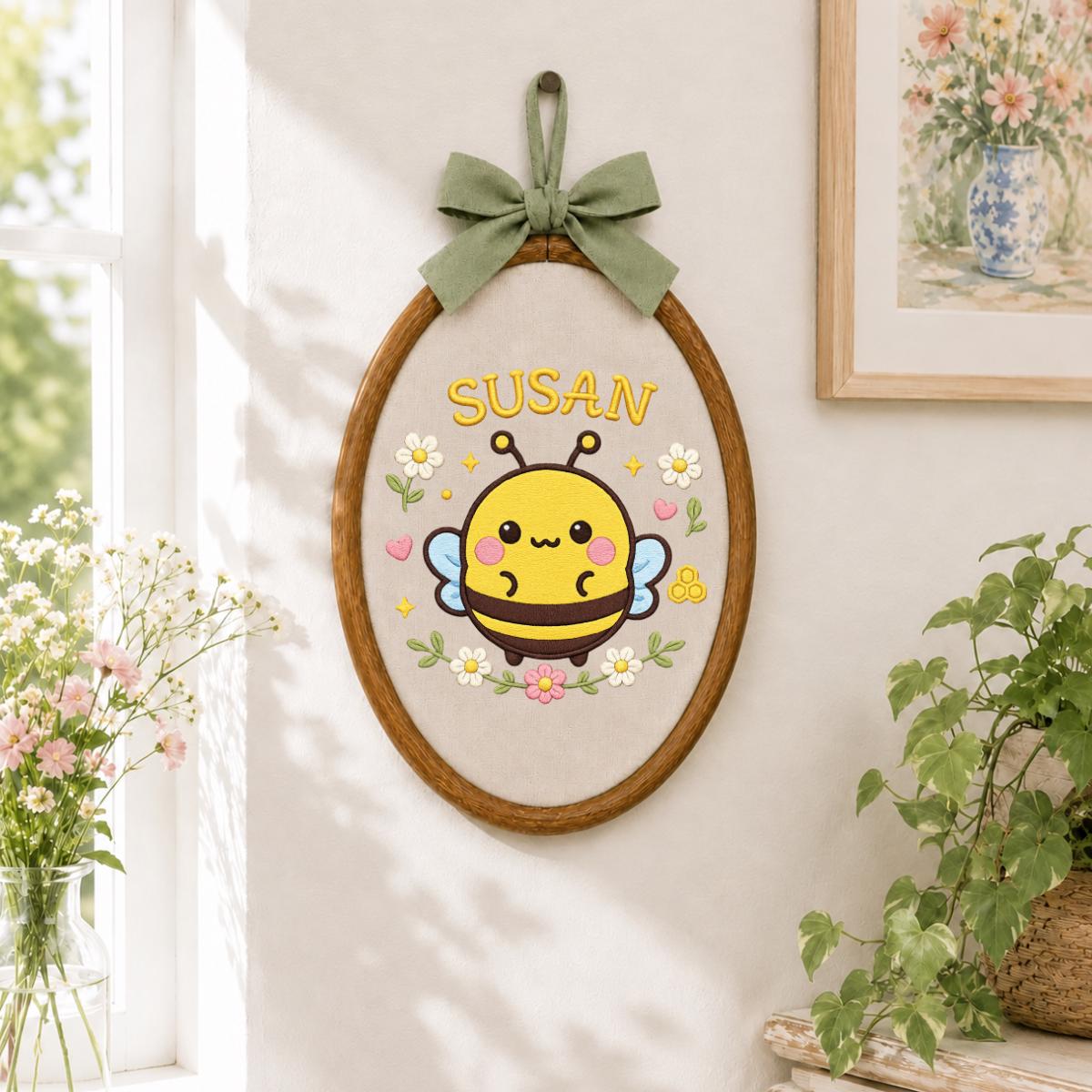 Personalized Embroidered Hoop Art, Bumble Bee Name Decor, Floral Baby Nursery Wall Sign