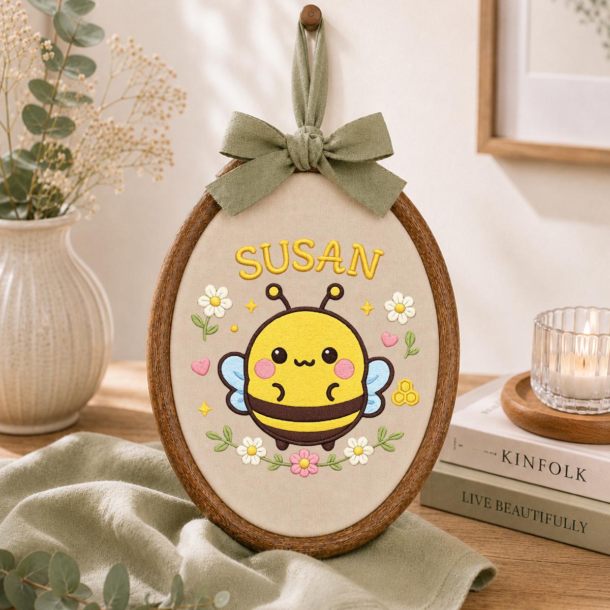 Personalized Embroidered Hoop Art, Bumble Bee Name Decor, Floral Baby Nursery Wall Sign